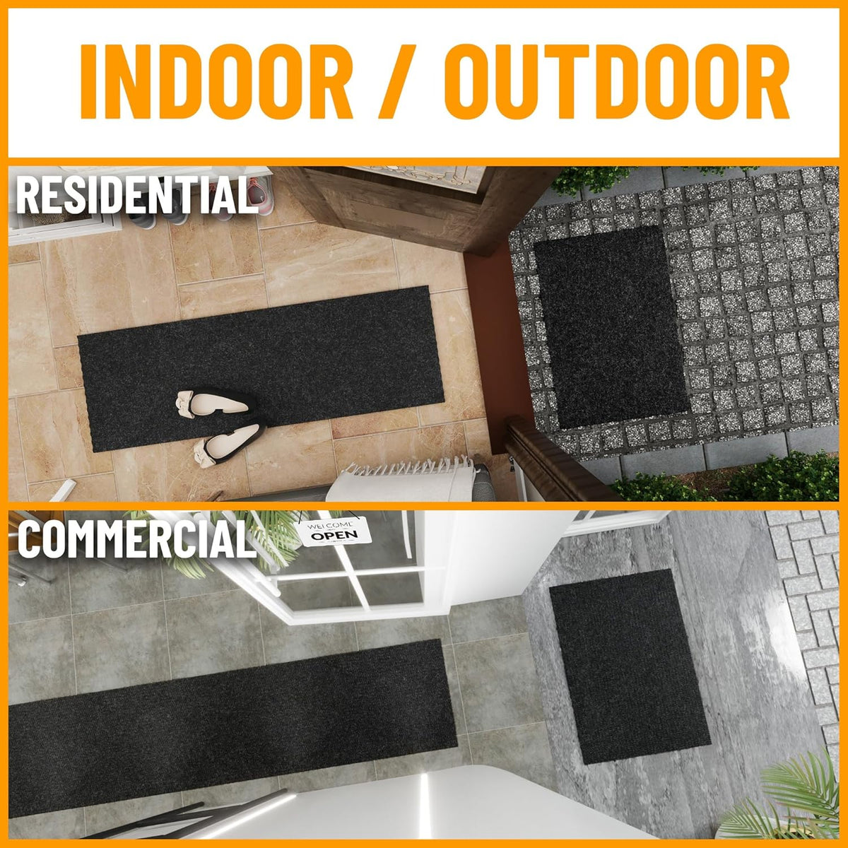 Ottomanson 2'7" x 52' Hallway Runner with Scraper Pile - Extra Durable Non-Slip Rug Mat for Indoor & Outdoor Use - Ideal for Kitchen, Entryway & Garage - High-Traffic Carpet, Black