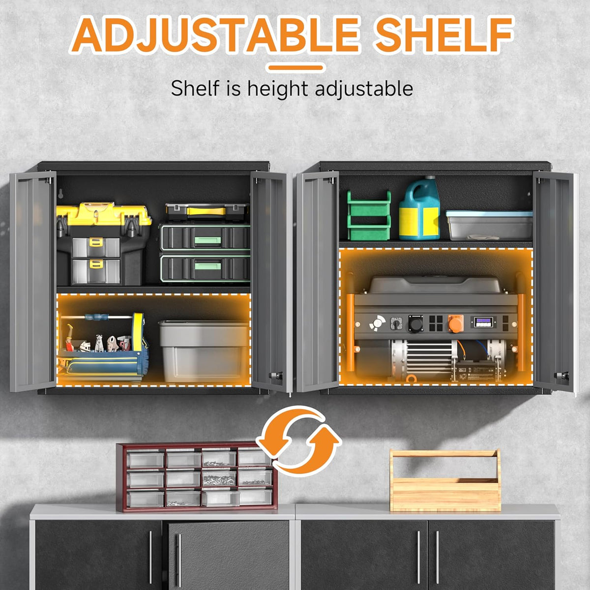 Metal Garage Wall Cabinet with 2 Doors and 1 Adjustable Shelf,Lockable Floating Tool Cabinet with Pegboard,Steel Storage Cabinet for Kitchen,Office,Garage,Laundry,Warehouse(Black&Gray, 26"H)