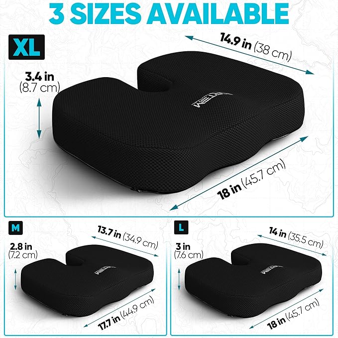 FORTEM Seat Cushion, Office Chair Cushion, Lumbar Support Pillow for Office Chair, Memory Foam Sciatica Coccyx Tailbone Pressure Pain Relief, Car Sitting Pad, Washable Non Slip, XL