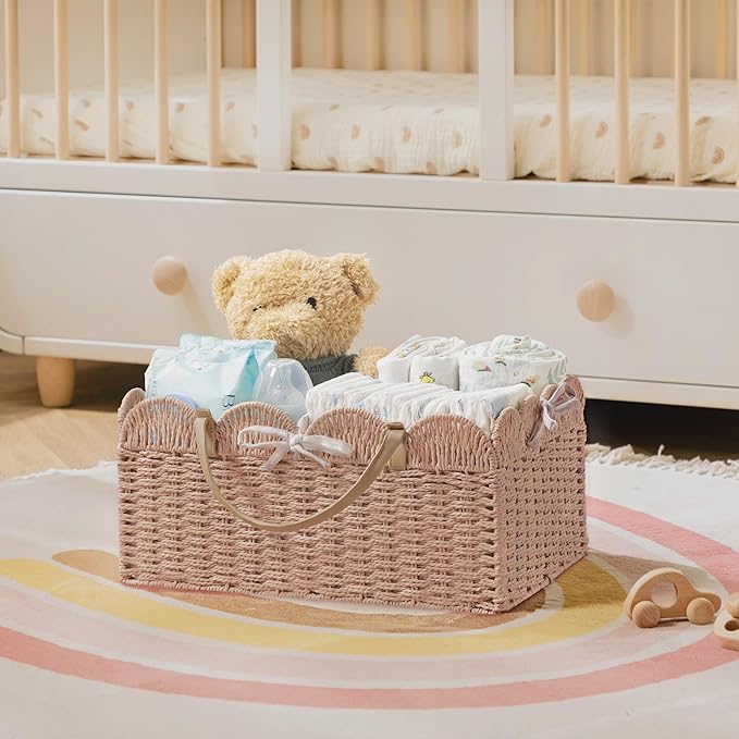HBlife Baby Diaper Caddy, Paper Rope Storage Baskets Nursery Bin with Removable Divider, Portable Car Organizer for Diapers, Baby Shower Gifts, Newborn Essentials Must Haves