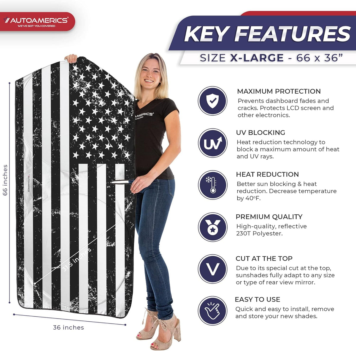 Autoamerics Truck Windshield Sun Shade with Storage Pouch & Anti-Slip Dash Pad - Foldable Grunge B&W USA Flag Design - Fits Most SUVs & Trucks - Reflective 230T Material | X-Large (66 x 36 inches)