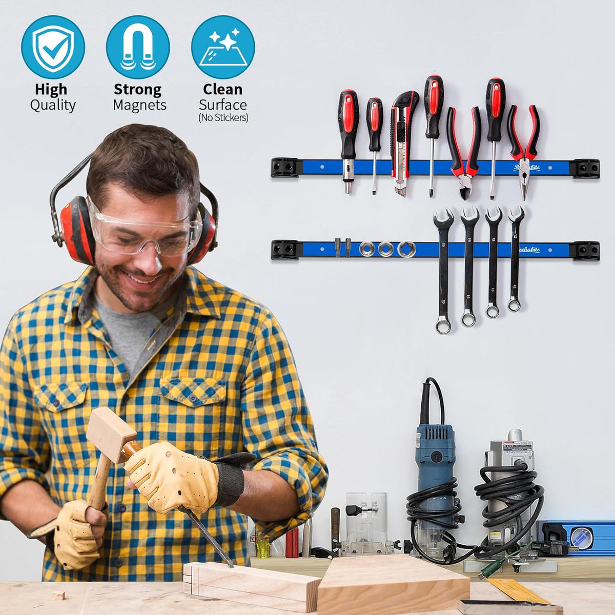 4 Pieces 18" Magnetic Tool Holder Strip, Blue Magnet Bar, Metal Tool Organizer Rack for Garage Organization, Easy To Install in Workshop, Mounting Screws Included