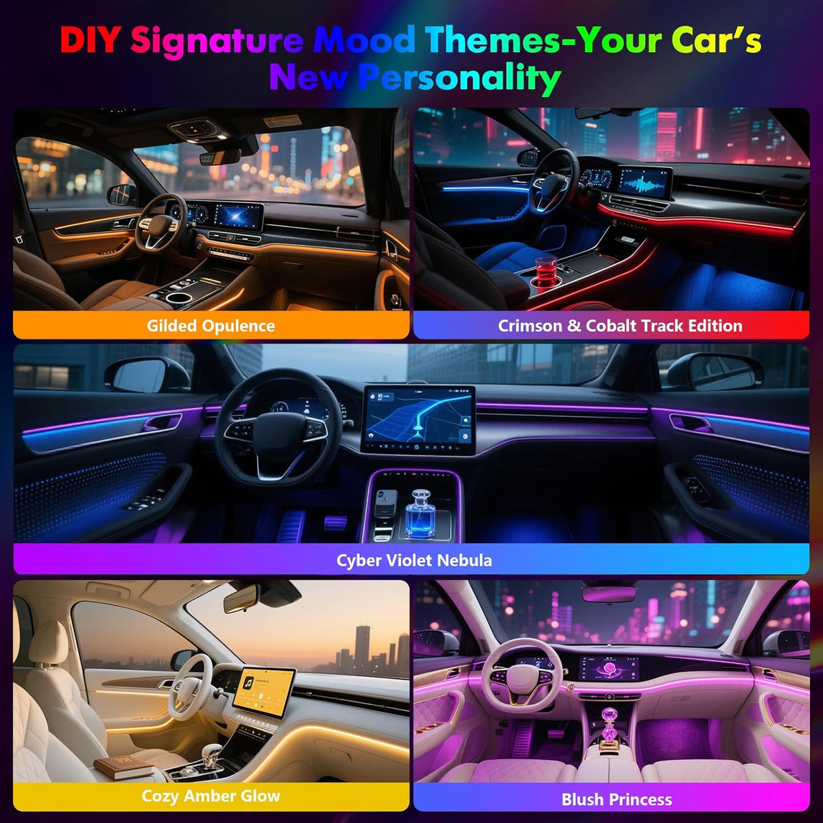 New Version Acrylic Car Dreamcolor Ambient Lighting Kit 14 in 1 LED Interior Car Strip Lights APP Control Zoned Control System 252 Color Modes DIY Neon Wireless Sound Activated RGB Light Bar