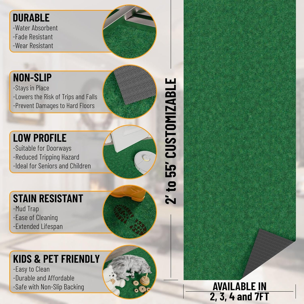 Ottomanson 6'6" x 18' Hallway Runner with Scraper Pile - Extra Durable Non-Slip Rug Mat for Indoor & Outdoor Use - Ideal for Kitchen, Entryway & Garage - High-Traffic Carpet, Green