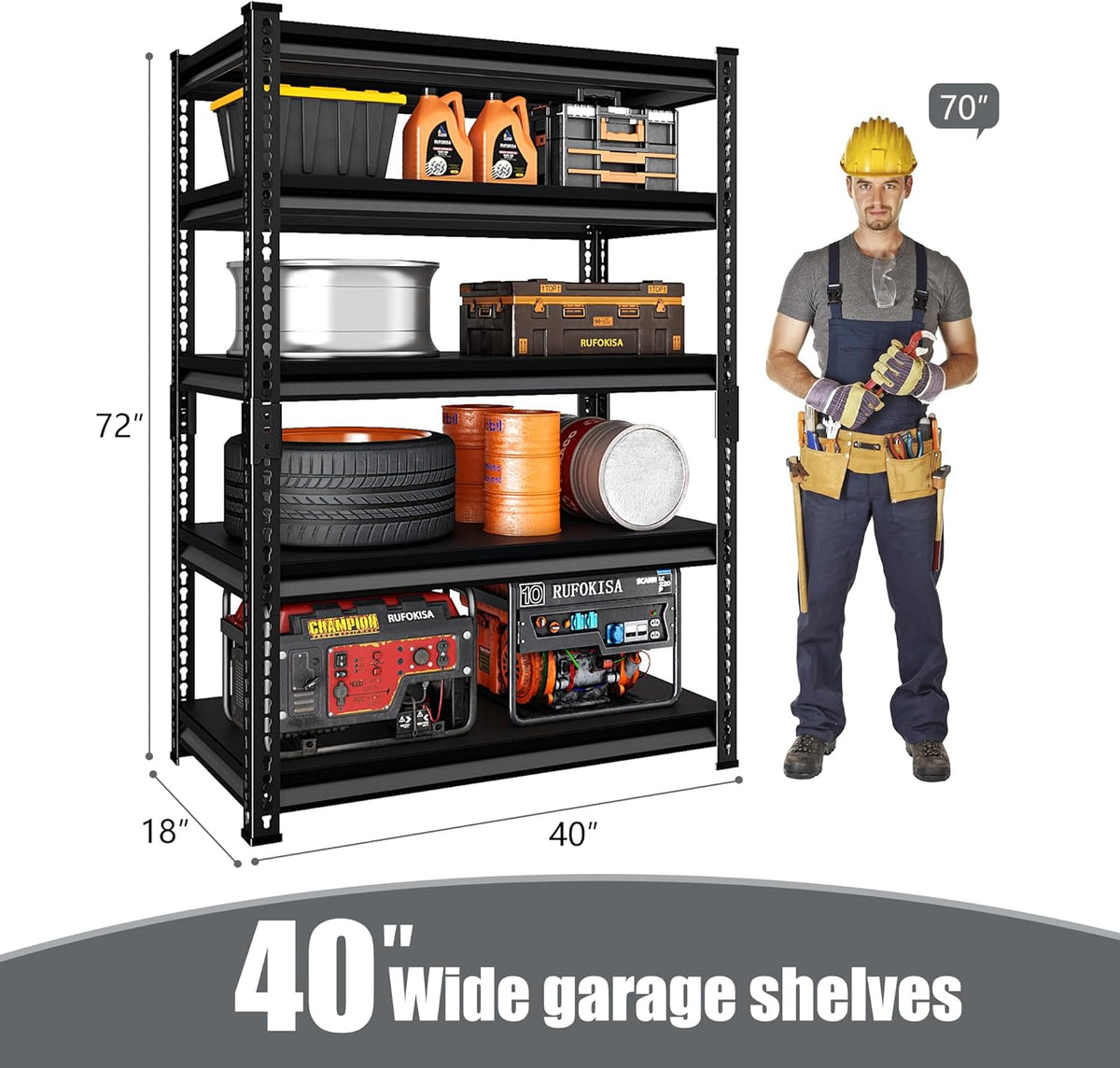 5-Tier Garage Shelving Heavy Duty, 72" Metal Shelving Unit - 2250 lbs Load Capacity, 40"W x 18"D x 72"H (Black)
