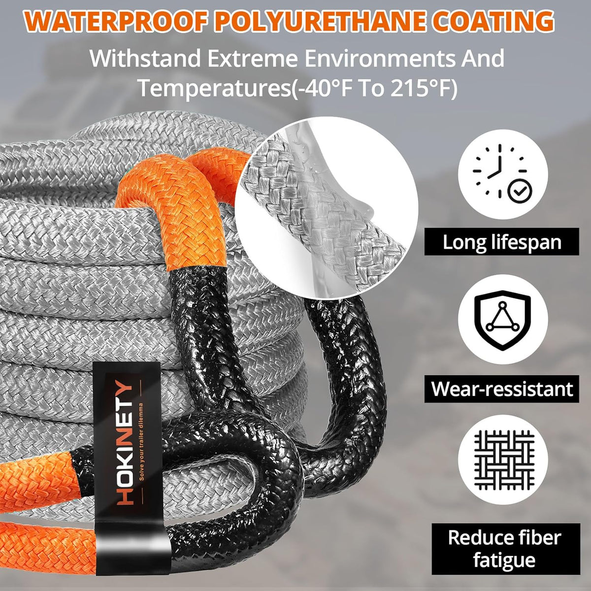 Kinetic Recovery Tow Rope 1-1/8" x30ft Offroad Snatch Strap 48000lbs Heavy Duty Towing Straps Kit for Trucks SUV UTV ATV Tractor Car Jeep - Gray