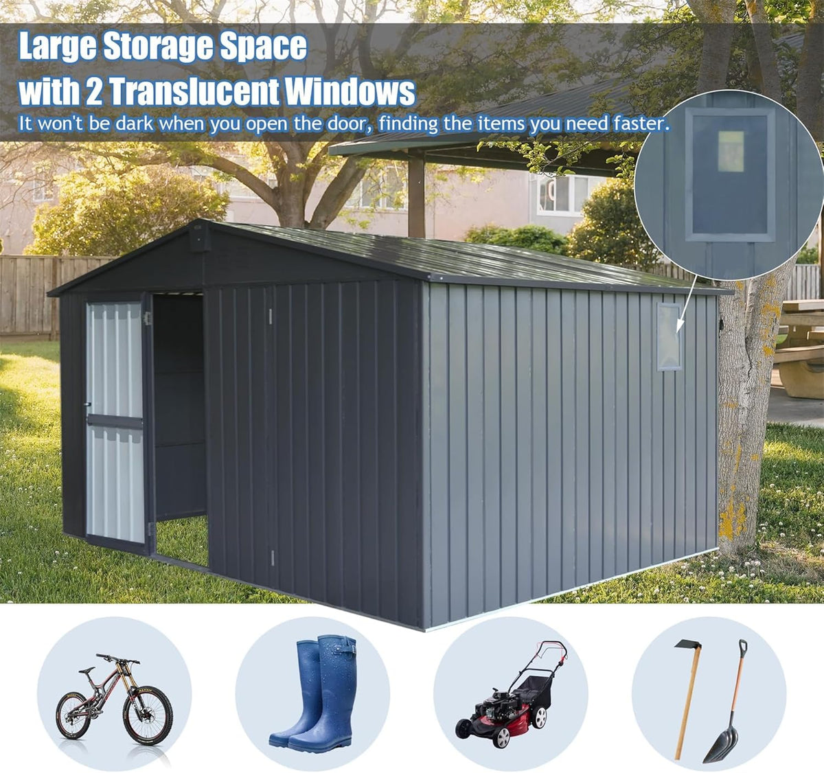 IKERY Extra Large Galvanized Steel Storage Shed 11' x 12.5' with Windows & Lock - Garden & Utility Tool Shed for Backyard, Patio - Dark Gray