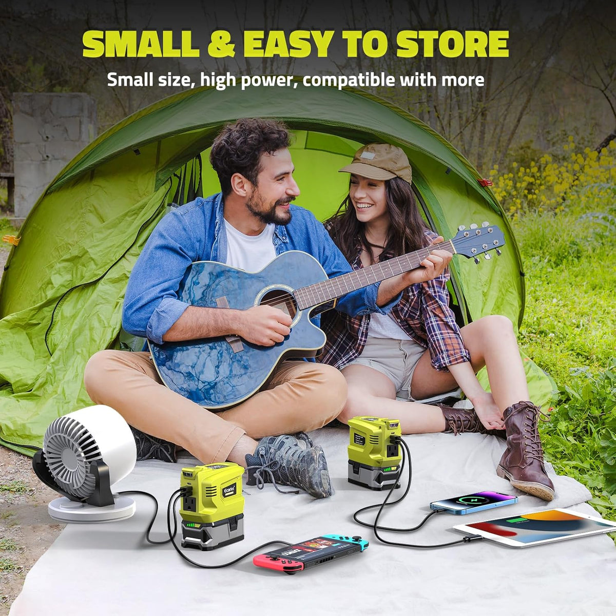 Power Inverter Compatible with Ryobi 18V Battery,2PCS Ecarke 200W Portable Power Supply Inverter,DC 18V to AC 110V~120V Power Station with 2 USB&AC Battery Powered Outlet 2 USB-A & 1 Type-C