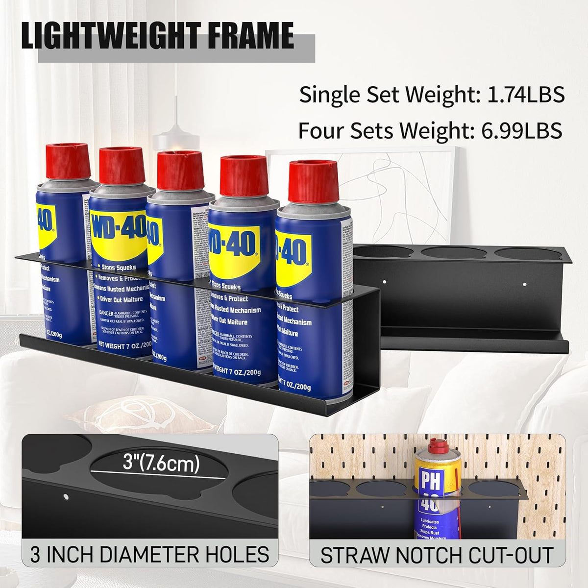 6 Pack Spray Bottle Holder Wall-Mounted, Aerosol Spray Can Holder Storage Rack, Heavy-Duty Paint Bottle Organizer with 30 Holes, Steel Black Spray Rack for Garage, Shop, Home or Tool Trailer