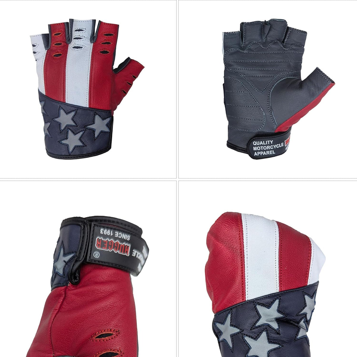 Hugger American Flag Fingerless Leather Gloves for Men – Motorcycle Biker Gloves with Air Crossing Feature – Comfortable Goatskin Glove for Riding, Driving, Gym & Work