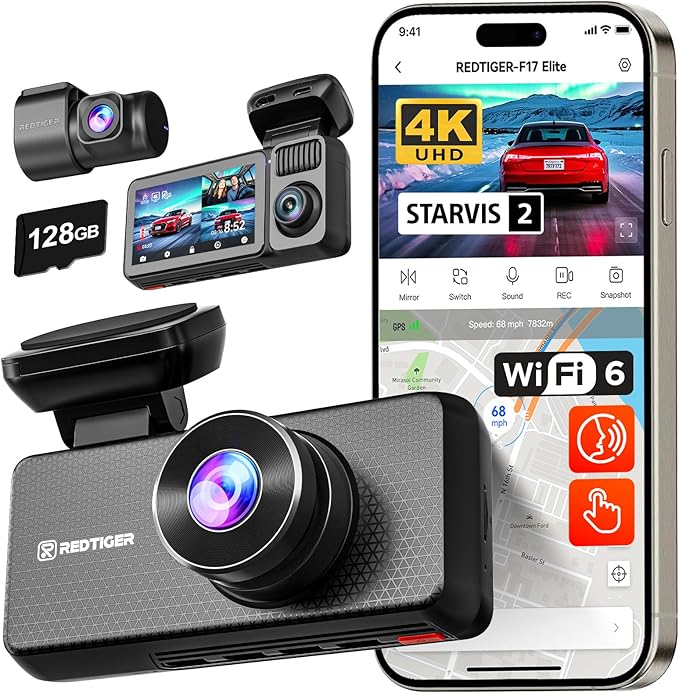 REDTIGER F17 Elite 4K Dash Cam 3 Channel, STARVIS 2 IMX678 & IMX675, 128GB Card, Full Night Color, 4K+2.5K+1080P Front and Rear Inside, Voice Control, 5GHz WiFi-30MB/s Download, GPS, HDR, Parking Mode