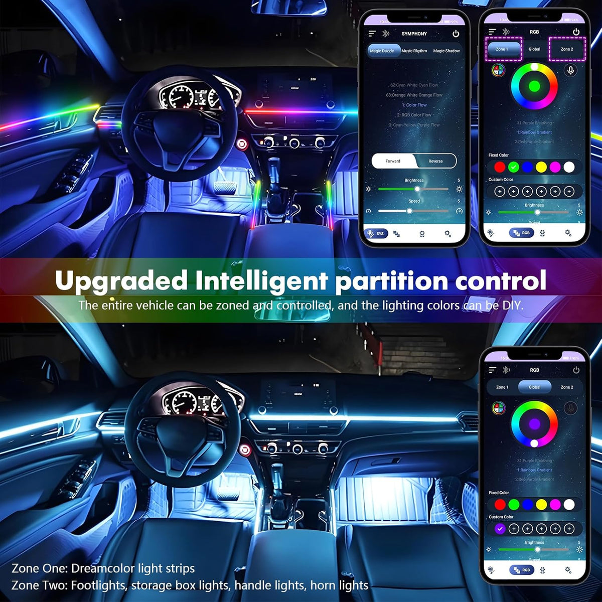 New Version Acrylic Car Dreamcolor Ambient Lighting Kit 14 in 1 LED Interior Car Strip Lights APP Control Zoned Control System 252 Color Modes DIY Neon Wireless Sound Activated RGB Light Bar