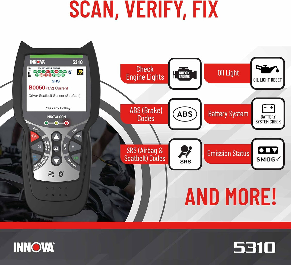 Innova 5310 OBD2 Scanner for ABS & Airbag (SRS) with Battery/Alt Test, Oil Light Reset, Live Data for 1996-2023 Vehicles, Accurate, Reliable, Easy to Use, iPhone & Android App Included