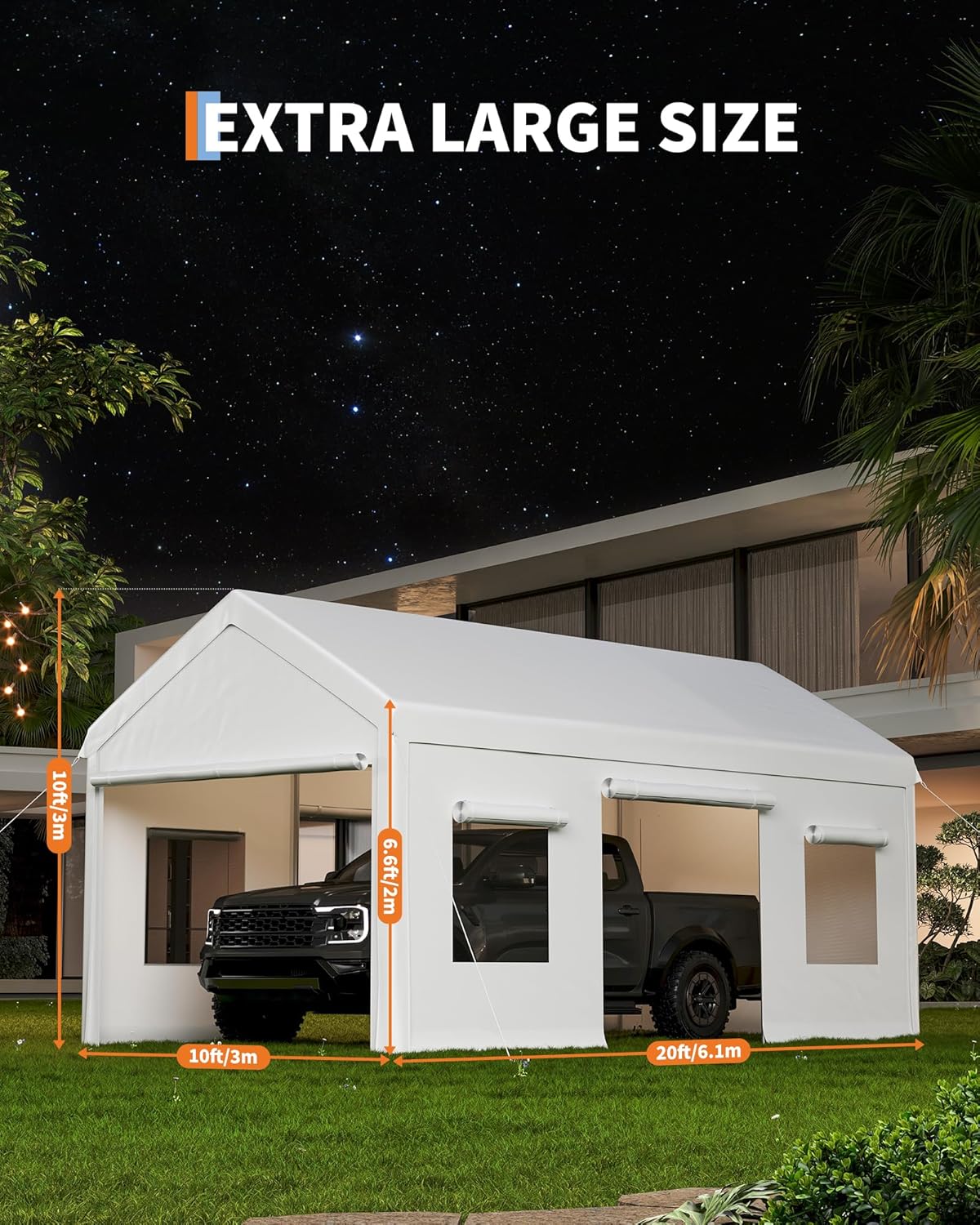 10x20 Ft. Metal Carport Garage with PE Fabric and Galvanized Steel Frame Outdoor Shelter for Cars, Trucks and Boats with 4 Doors and Mesh Windows for Ventilation - White