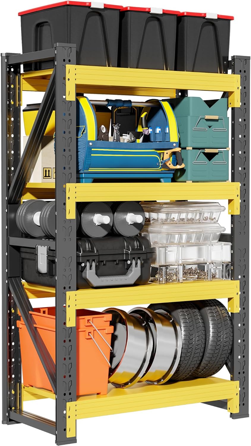4-Tier Storage Shelves,79" H Heavy-Duty Garage Shelving Unit,Adjustable Industrial Metal Shelf System,4,000lbs Capacity,Tool Organizer for Garage,Workshop,48" W*20" D*79" H,Black&Yellow