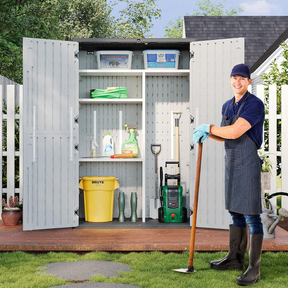 Aoxun Outdoor Resin Storage Shed with Metal Shelving Kit & Floor, 64 Cu.Ft Vertical Waterproof Storage Cabinet for Garage, Pool, Bike, Garden Tools, Patio Furniture (White)