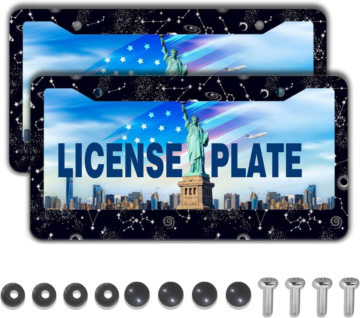 License Plate Frames Black and White License Plate Holder Galaxy Moon and Stars Starry Sky Planets Aluminum Metal Car Accessory 2 Pack with Screw Covers Set