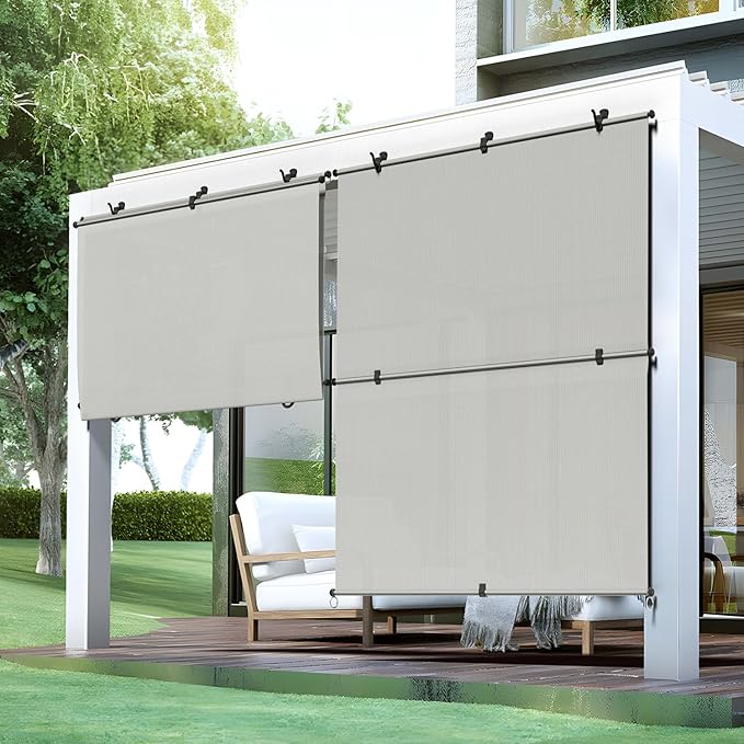 Bynbbur 4'W x 14'H Outdoor Patio Shades Foldable Roller Blinds, 220 GSM Sun Shade Roll Up Porch Screens Exterior Shade Cloth for Deck Pergola Backyard, Light Gray