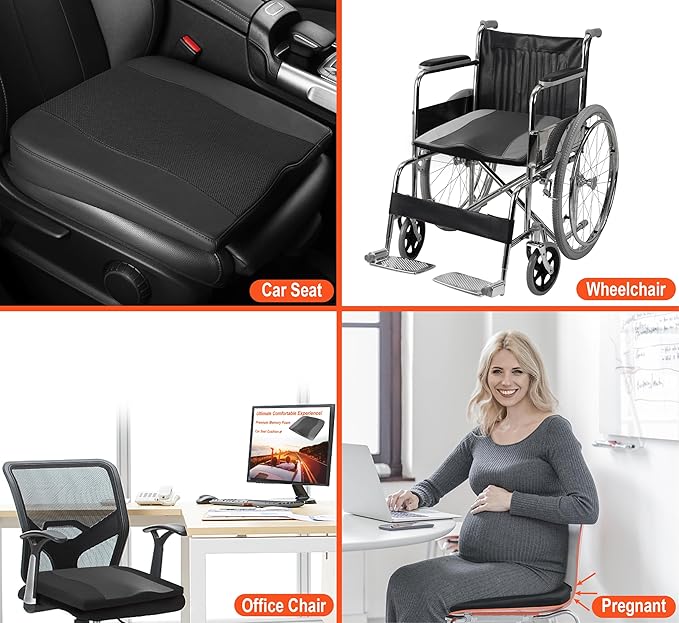 Car Seat Cushion, Comfort Memory Foam Car Cushions for Driving - Sciatica & Lower Back Pain Relief, Driver Seat Pillow for Auto, Office Chair, Wheelchair - Obsidian Speck Black