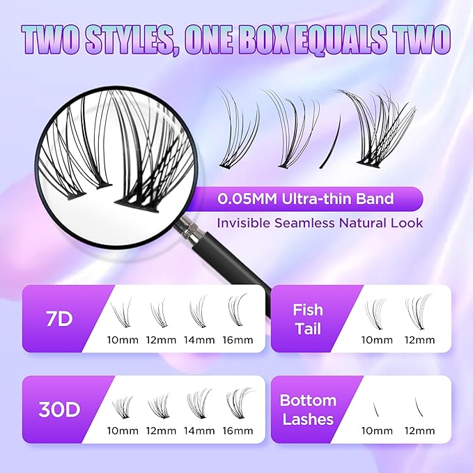 Lash Extension Kit DIY Lash Clusters Kit Eyelash Extensions Individual Lashes Extensions with (Lash Bond,Tweezers,424Pcs, 7D+30D,0.07D, 5-16mm)