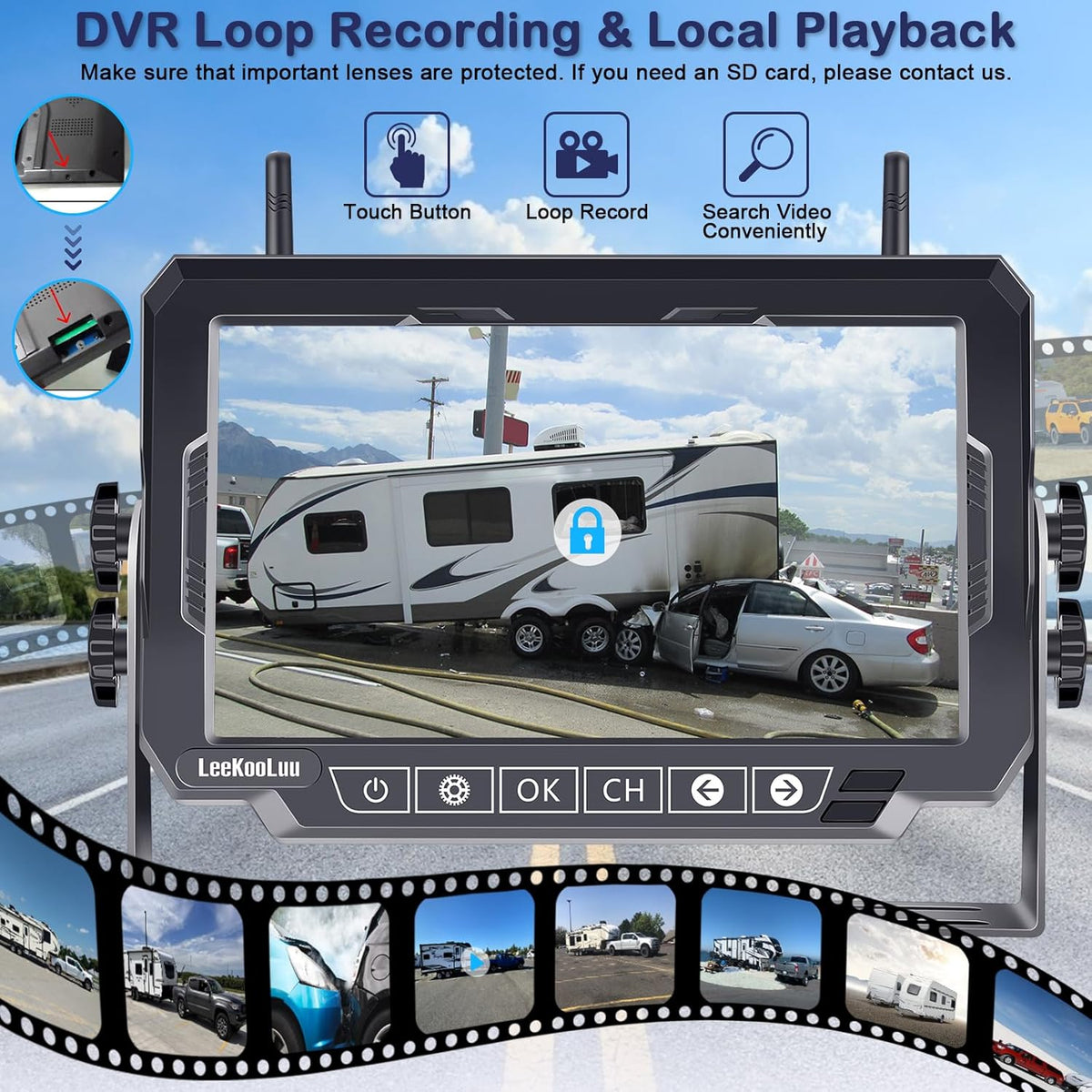 Dual RV Backup Cameras Wireless - Ease Install Plug-Play Recording HD 1080P 7'' Touch Key Monitor Trailer Truck Rear View Cam Night Vision Signal No-Delay 4 Channels for Furrion Pre-Wired Mount