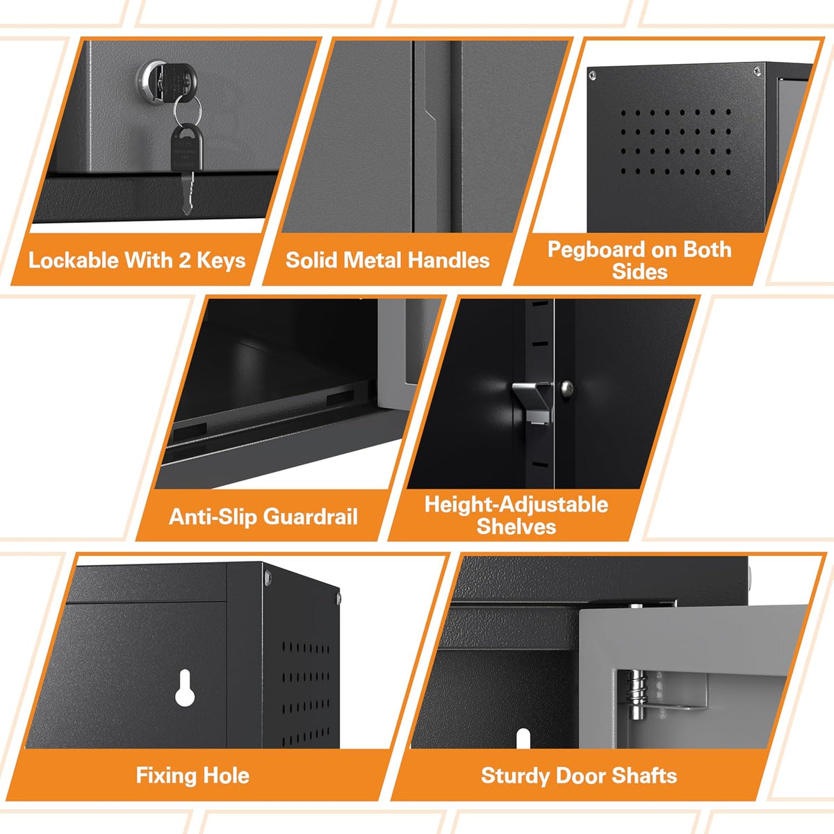 Metal Garage Wall Cabinet with 2 Doors and 1 Adjustable Shelf,Lockable Floating Tool Cabinet with Pegboard,Steel Storage Cabinet for Kitchen,Office,Garage,Laundry,Warehouse(Black&Gray, 26"H)
