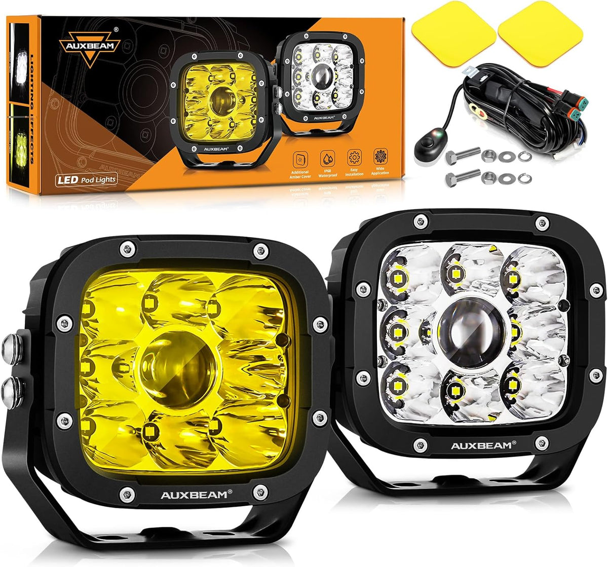 Auxbeam XP-Ultra Series 5 Inch LED Pod Lights 110W Hyper Spot Beam Cube Offroad Lights with Amber White Lens Covers Dual Color Off-Road Amber Fog Spotlight, Pair