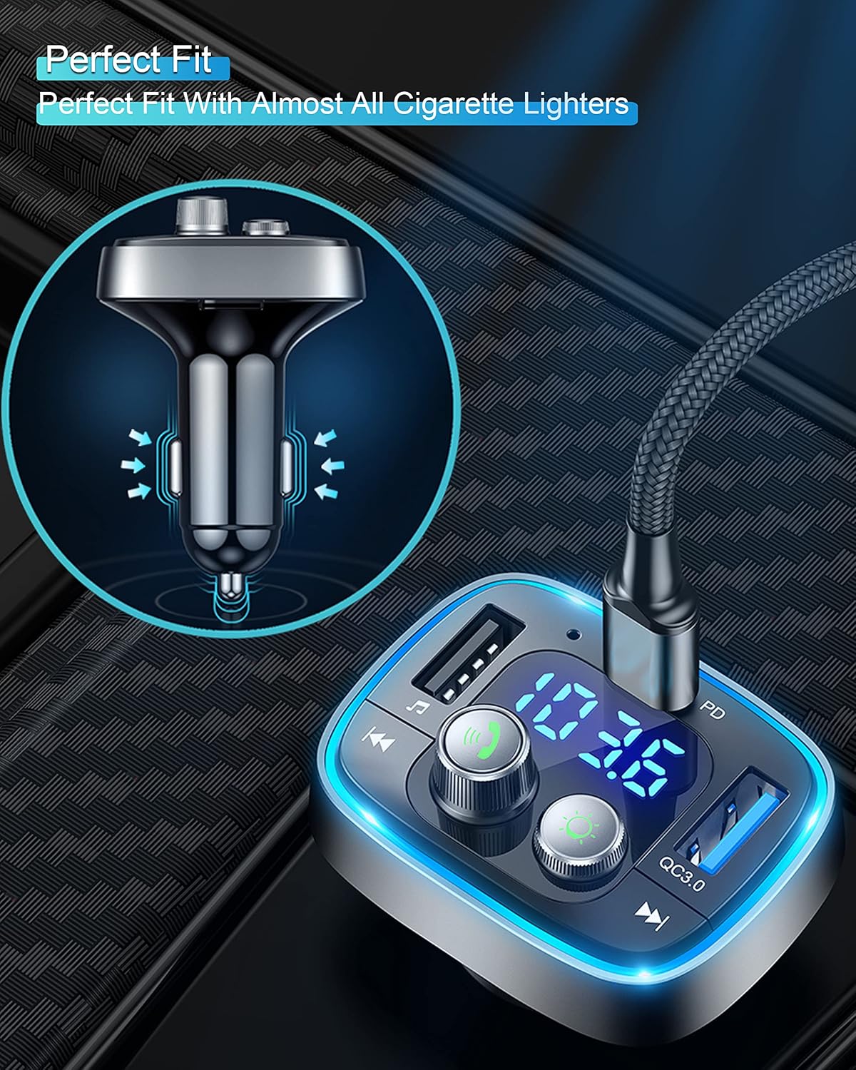 LIHAN USB C Bluetooth Adapter for Car, AUX Wireless FM Radio Transmitter, Handsfree Calling & Audio Receiver, MP3 Music Player, QC3.0 & Type-C PD USB Charger,7 Colors LED Backlit