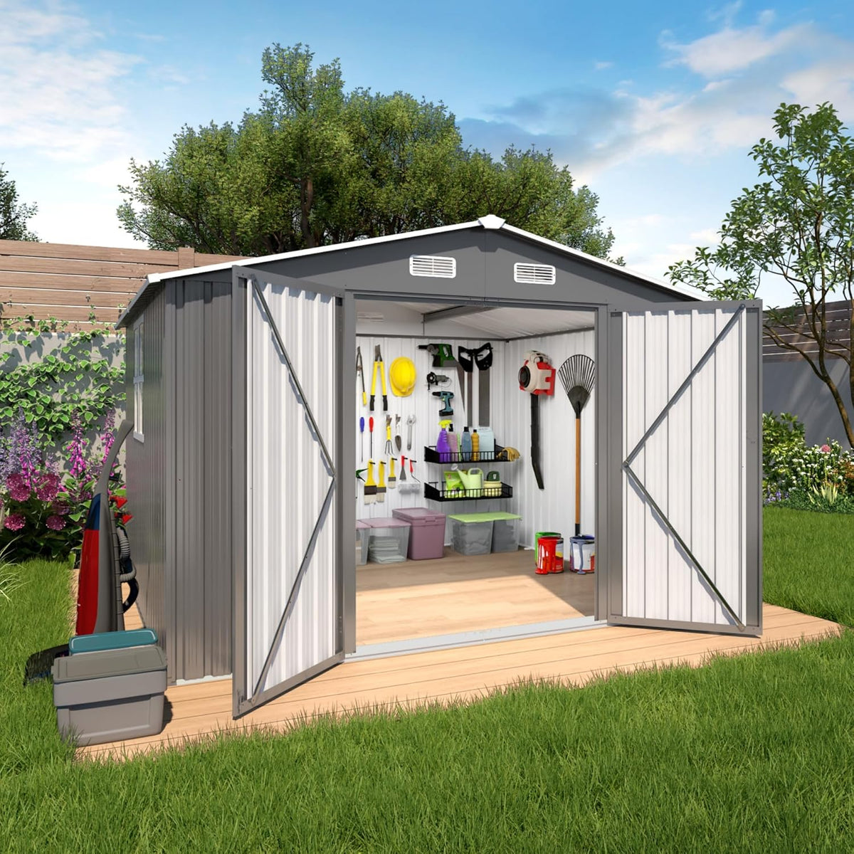 10x8x6.4FT Outdoor Storage Shed, Galvanized Steel Garden Shed with Lockable Door & Window, Waterproof Metal Tool Storage for Garden, Backyard, Patio, Lawn(Grey)