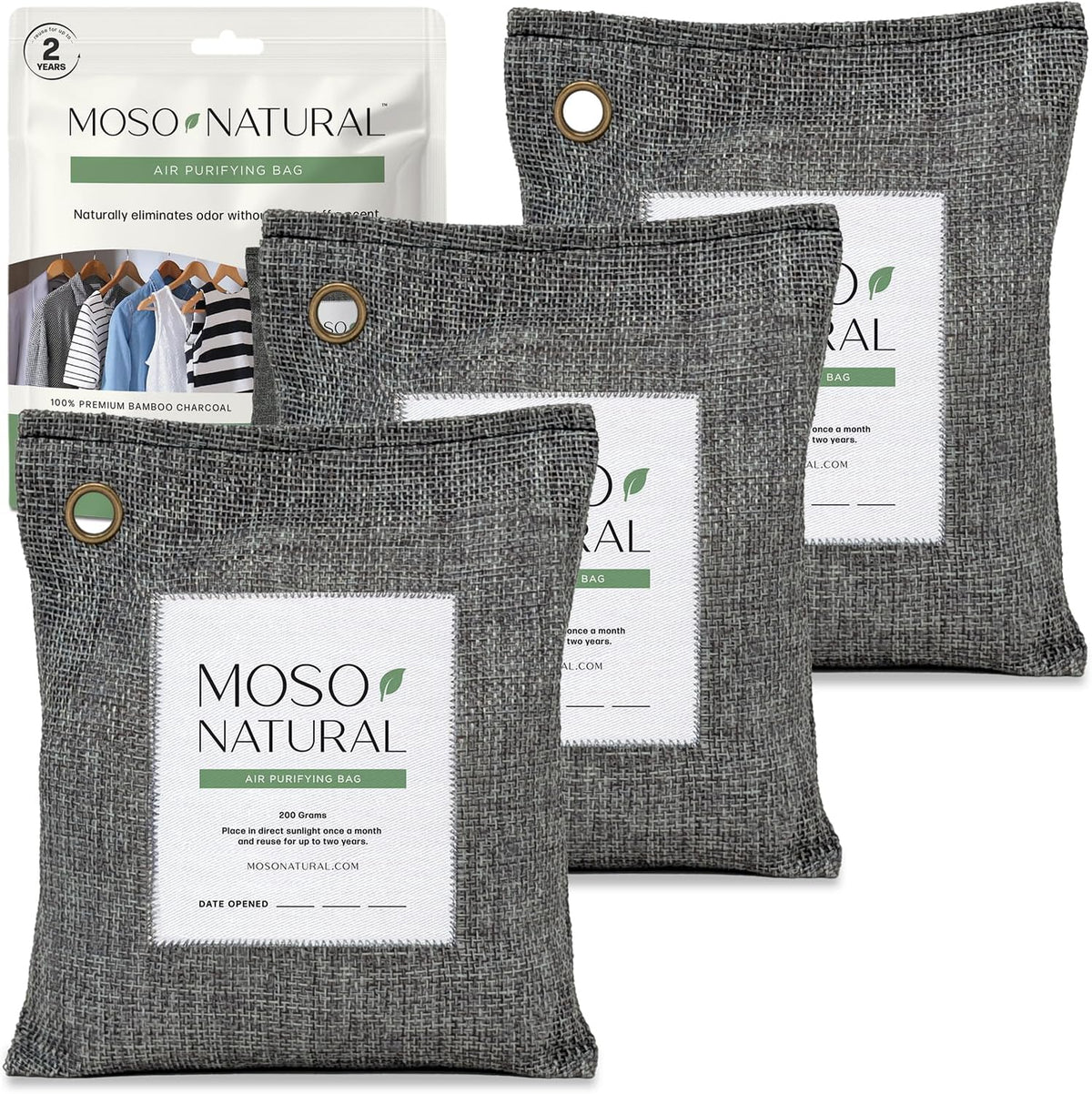 Moso Natural Air Purifying Bag 200g (3 Pack) Bamboo Charcoal Odor Absorber for Home & Car | Closet Odor Eliminator, Small Room Deodorizer & Car Air Freshener | Long Lasting Charcoal Bags Cover 90sqft