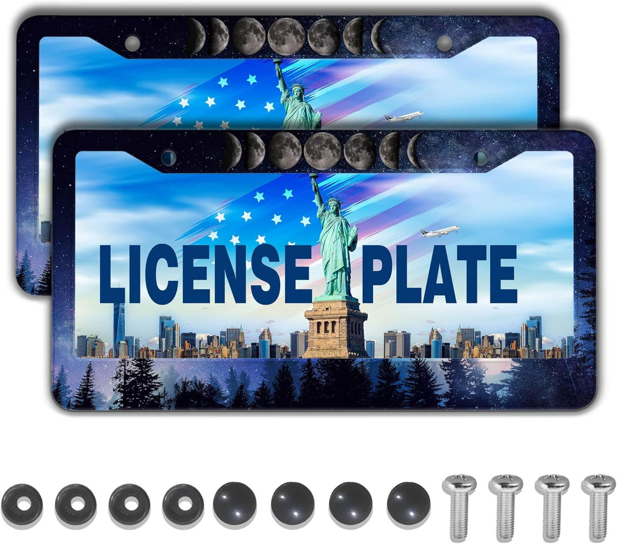 License Plate Frame Multicolor License Plate Cover Forest Starry Night Moon Phase Universal Aluminum Car Accessory 2 Pack with Screw Covers Set
