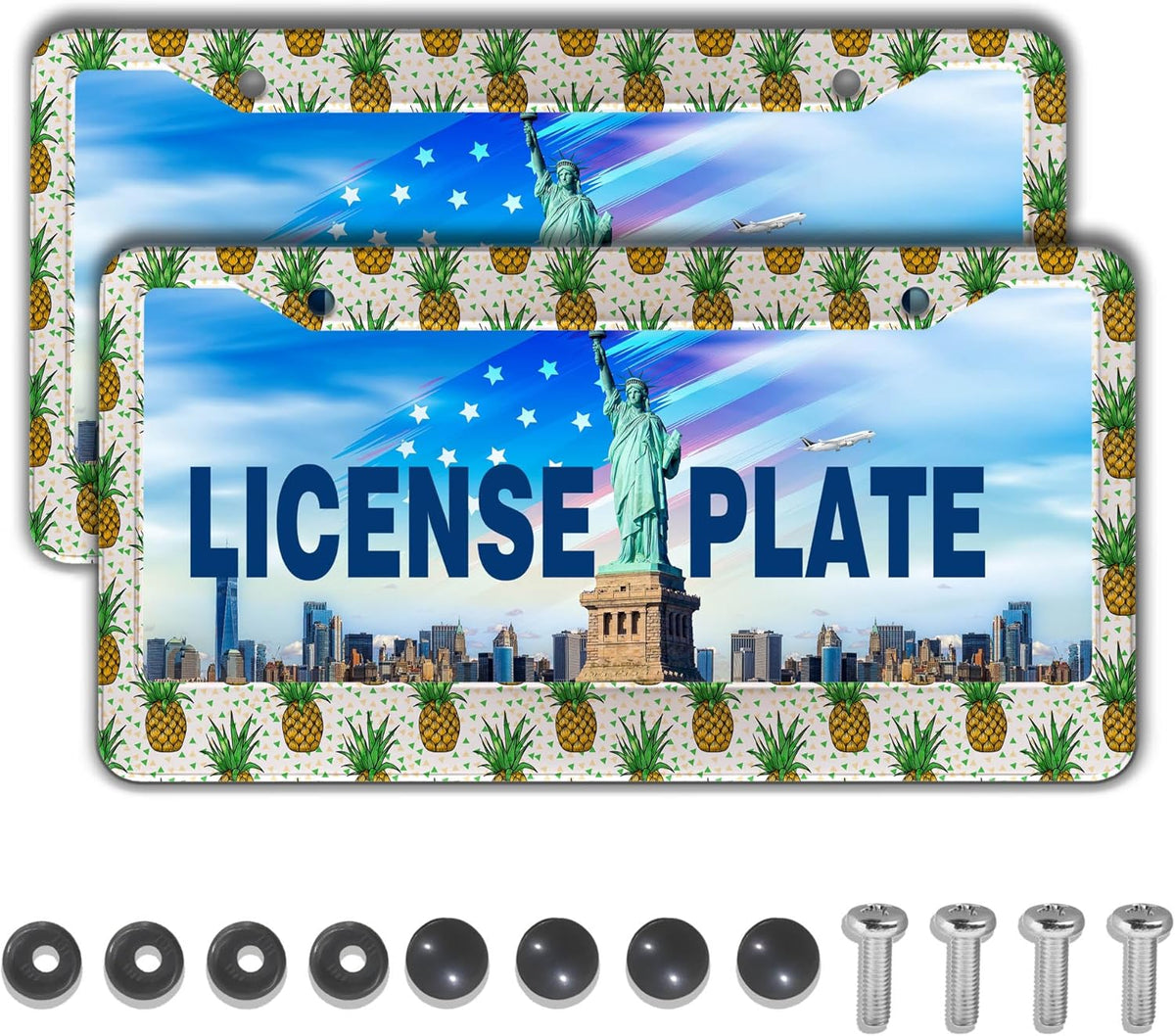 Car License Plate Frame Black Yellow License Plate Frames Yellow Pineapple Aluminum Metal Car Accessory 2 Pack with Screw Covers Set