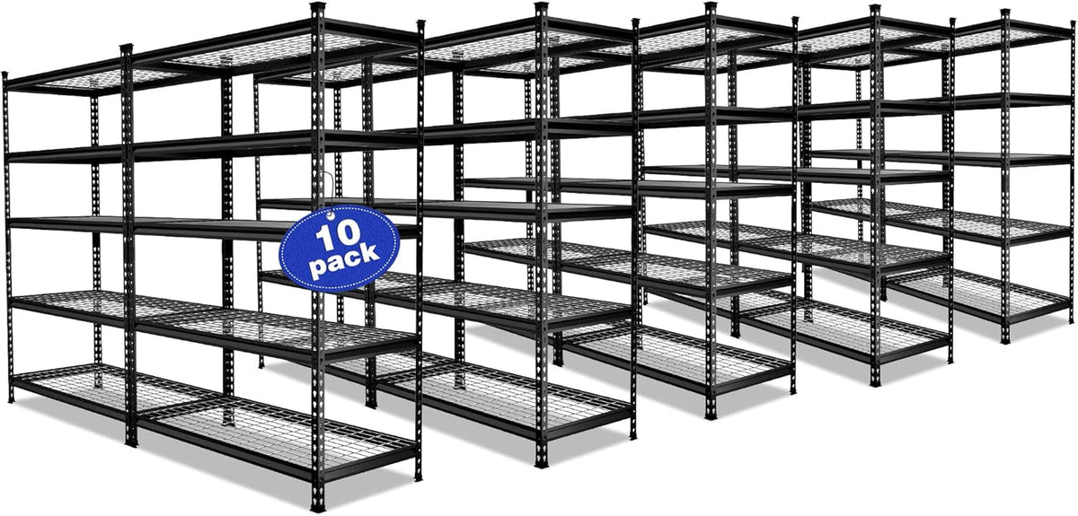WORKPRO 5-Tier Metal Storage Shelving Unit, 48”W x 24”D x 72”H, Adjustable Storage Rack Heavy Duty Shelf, 4000 lbs Load Capacity (Total), for Garage, Kitchen, Bathroom, Warehouse, Black/Sliver, 10 PCS