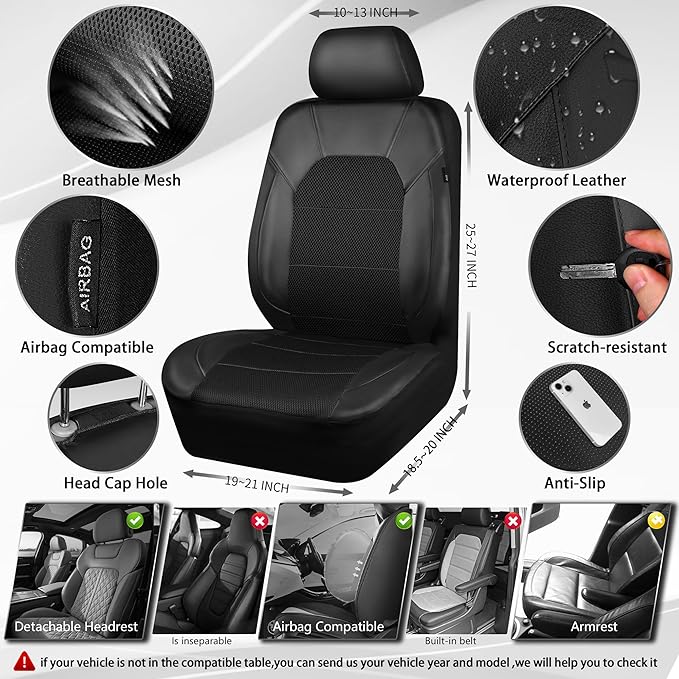 CAR PASS Leather and 3D Air Mesh Universal Fit Car Seat Covers, for Sedans,Trucks,Suvs,Airbag Compatible,Zipper Design and Reserved Opening Holes for Headrest(Full Set, Black and Black)