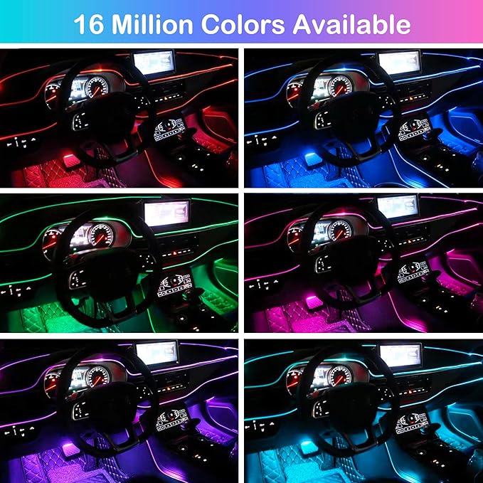 Interior Car LED Strip Lights, RGB 6 in 1 Ambient Lighting Kits with 315 inches Fiber Optic, 16 Million Colors Music Sync USB Car Interior Lights with Wireless APP/Button/RF Remote Control (6 in 1)