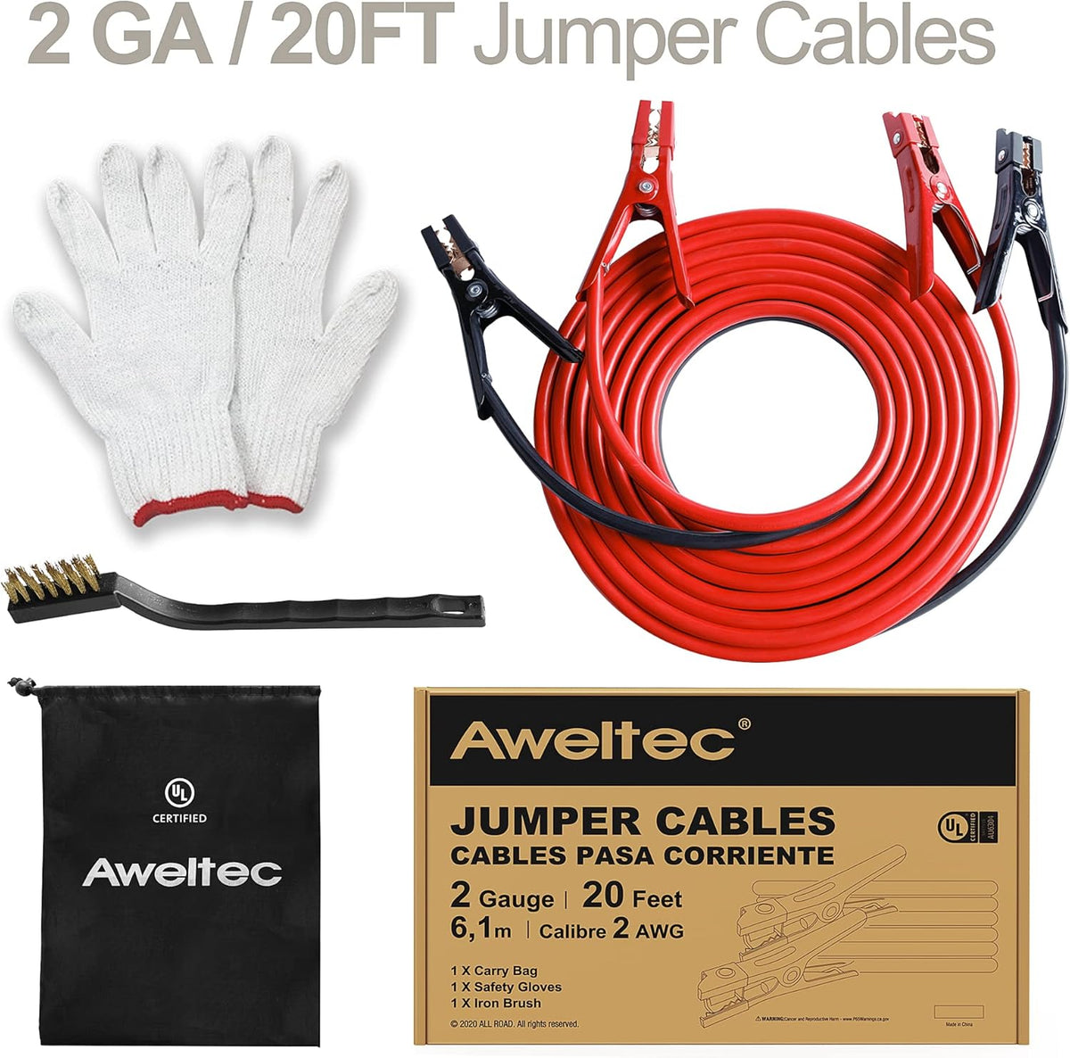 UL-Listed Jumper Cables - 2 Gauge 20 Feet Battery Jumper Cables for Car, Heavy Duty Booster Cables (2AWG x 20Ft) with Carry Bag, Safety Gloves and Iron Brush