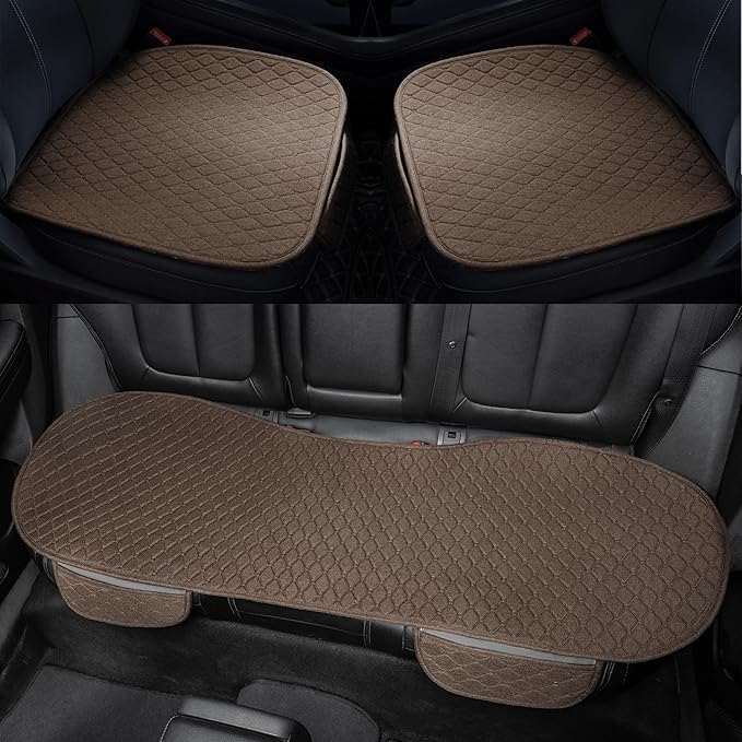 3 PCS Linen Car Seat Covers with Storage Pocket, Back Seat Covers Protectors with Non-Slip, Breathable Bench Seat Covers Universal Fit for SUVs, Cars, Trucks (Brown)