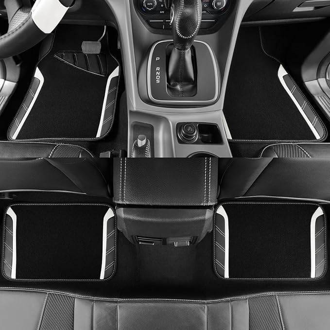 CAR PASS Leather Steering Wheel Cover and Waterproof Car Floor Mats, Microfiber Universal Car Combo Fit for 95% Sedan SUV Van,14.5-15 inch Sporty Anti-Slip Safety Comfortable Design, Black＆White