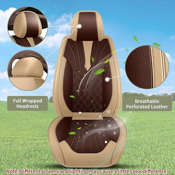 Breathable Car Seat Covers for Honda Civic 2003-2015 & 2020-2025 2026 Perforated Leather Full Set (Beige&Brown)