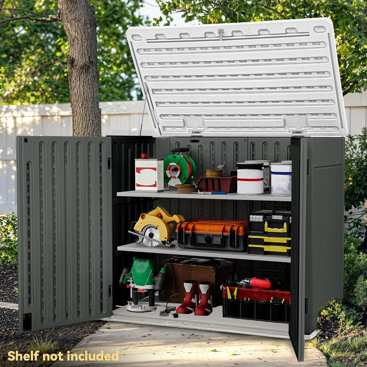 DWVO 47 cu ft Spacious Horizontal Storage Unit, Outdoor Resin Tool Locker Without Shelf, Waterproof Lockable Container with Base for Gardening, Waste Bins, Grass Cutter, 4.5x2.8x3.9 ft, Dark Gray
