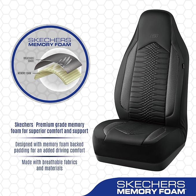 Skechers Memory Foam Car Seat Covers, Leather High Back Seat Covers Quilting Design,Waterproof Sports Car Seat Covers Front Seats,Airbag Compatible, Universal Fit for Most Cars, SUVs,Trucks,Black