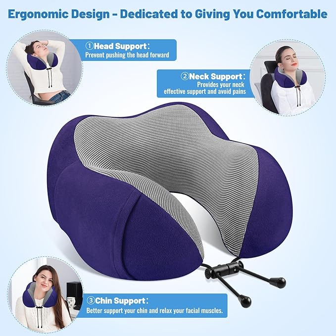 CloudBliss Travel Pillow Premium Memory Foam, Comfortable & Supportive Neck Pillow, Neck Pillows for Sleeping Travel, Airplane Pillow for Sleeping Airplane, Car, Office and Home（Black & Navy）