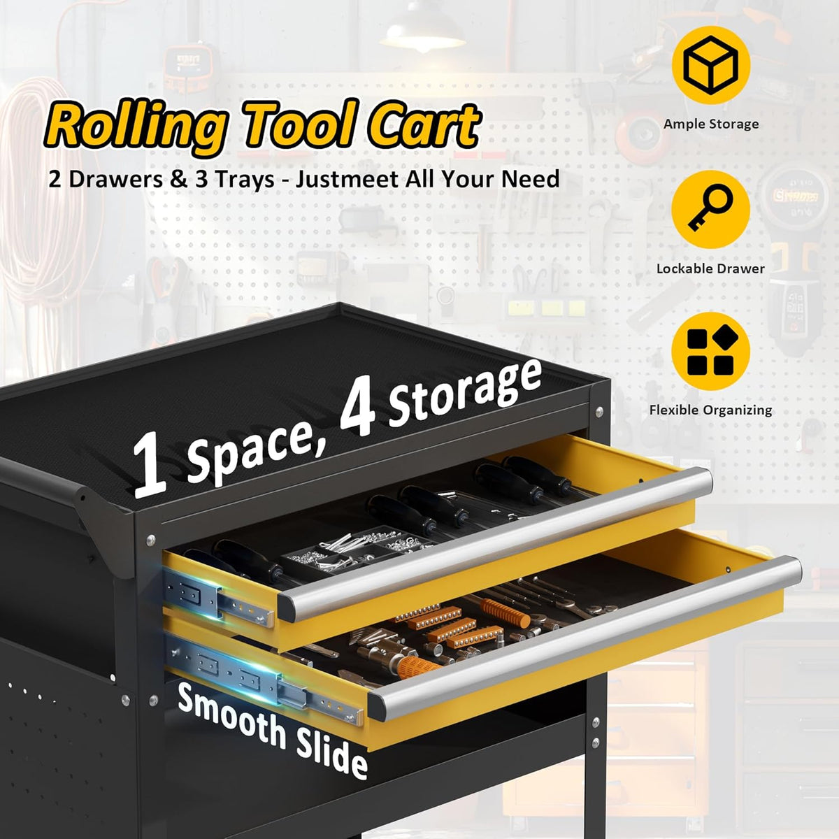 5-Tier Rolling Tool Cart on Wheels, Tool Storage Organizer for Mechanic, Heavy Duty Utility Cart with Drawers, Pegboards, Locking System, Suitable for Garage, Workshop, Warehouse