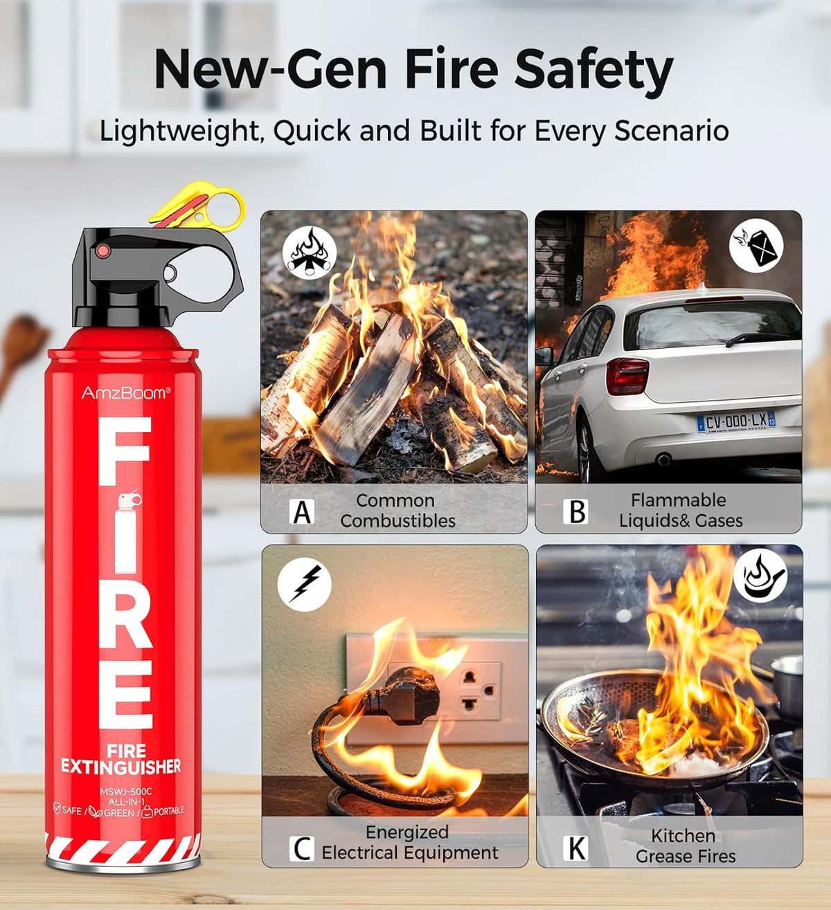 Fire Extinguisher for Home 1Pack, Kitchen, Car, and Grill,Ompact Water-Based A, B, C, K Extinguisher with 6-Year Warranty and Easy Storage.