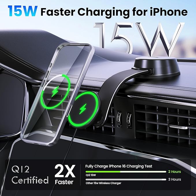 Upgrade [Qi2-Certified] 15W for MagSafe Wireless Car Charger Mount, 2XFast Charging[90+LBS Safe Suction] Magnetic Phone Holder Dashboard Windshield for iPhone 17/16/15/14/13/12 Pro Max (Iron)