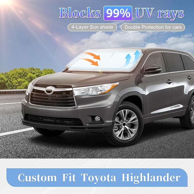 for Toyota Highlander 2020-2024 2025 2026 Sun Shade Sunshade Windshield Cover, 4-Layer Front Window Shade Custom Fit Highlander L LE XLE Limited Platinum Sun Visor 240T Fabric Car Accessories