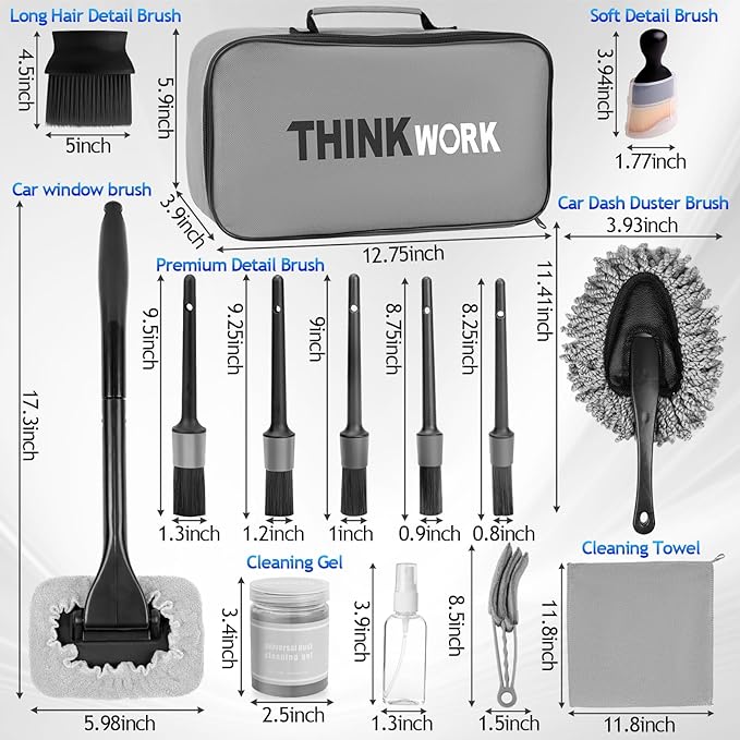 THINKWORK Windshield Cleaner Tool, Car Interior Cleaning Kit, Car Detailing Kit Interior Cleaner with10Pcs Detailing Brush Set, Gray Auto Detailing Supplies & Accessories