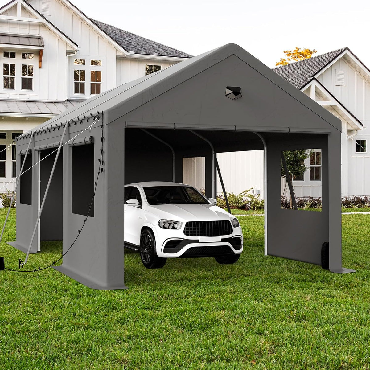 12x20 Carport, Heavy Duty Carport Canopy Garage with Removable Sidewalls and Drive Through Roll Up Zipper Doors & Side Doors, Grey