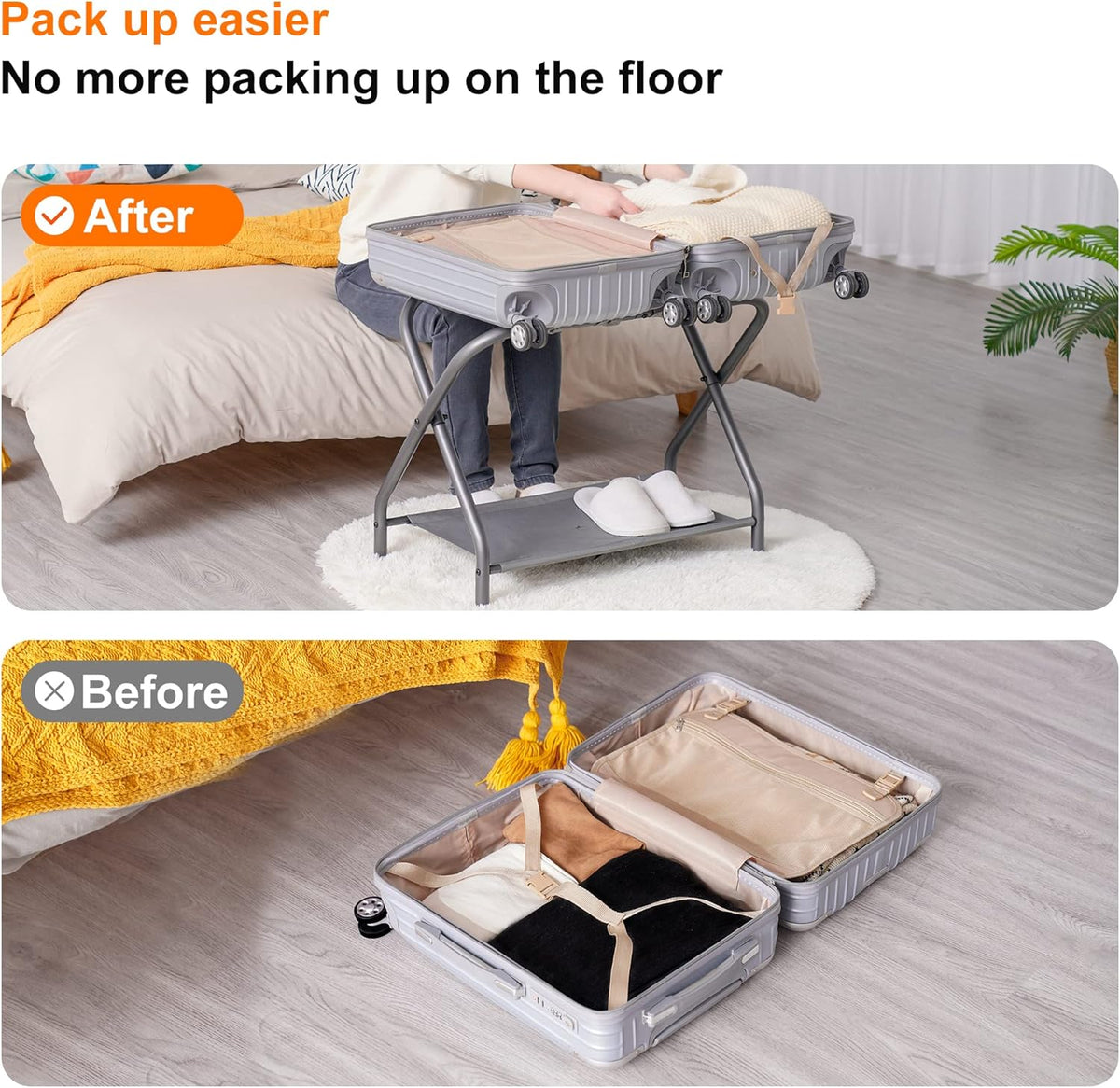 Heybly Luggage Rack, Steel Folding Suitcase Stand with Storage Shelf for Bedroom, Hotel, Foldable Steel Frame, Guest Room Bedroom Hotel, 22.8" L x 11.8" W x 20.9" H, Gray HLR004G1