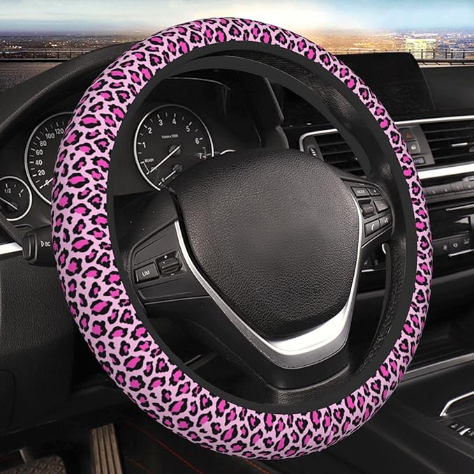 Pink Cheetah Leopard Steering Wheel Cover for Women, Anti-Slip Elastic Breathable Soft Rubber Car Steering Wheel Protective Cover, Universal 15 Inch Fit for Cars, Auto, SUVs